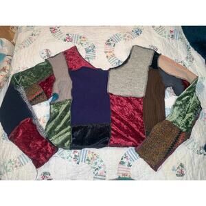 VINTAGE 90's VELVET & WOOL PATCHWORK CROP SWEATER BOHO ARTISAN COTTAGE